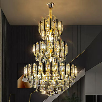 Extra large /huge luxury 3-layers/tiered crystal chandelier round/empire gold/black crystal light for high-ceiling living room/foyer/entryway/staircase,2-story,duplex buildings