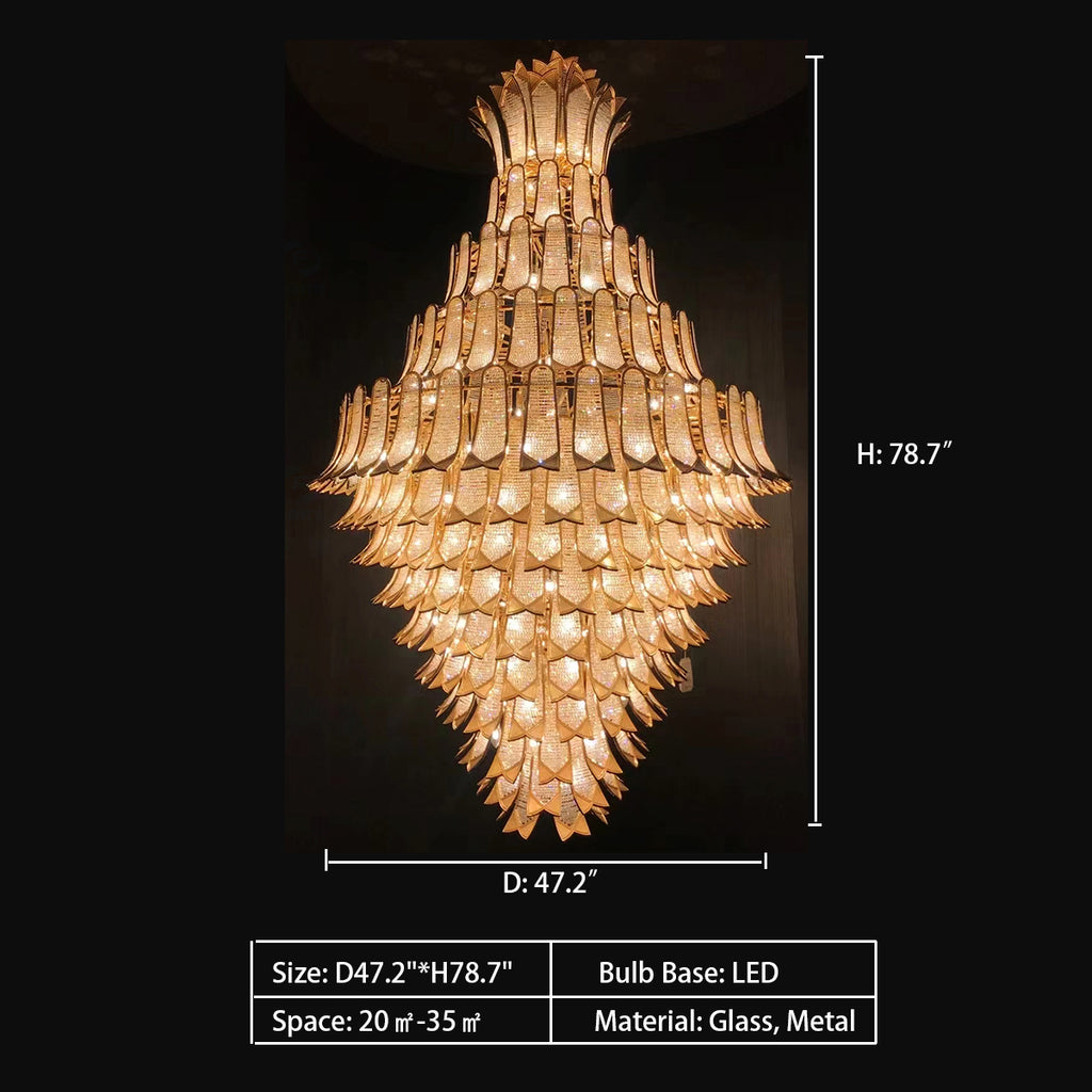 D47.2"*H78.7"  Sculptural Clear and Amber Murano Glass Petals or "Selle" Drop Chandelier, Italy   extra large, oversized, light luxury, gold, tiered, pendant, chandelier, for large space, high-ceiling room, two-story living room, loft, villa, duplex, hotel lobby