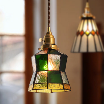 SKIVTGLAMP Hanging Swag Lamp no Wiring Needed Portable Pendant Light with 20ft Plug-in UL Dimmable Cord Brass Finished E26 Socket Tiffany Green Glass Lamp Motion Sensor Hanging Lamp for Hallway , stained glass, plaid, retro, vintage, hanging lamp