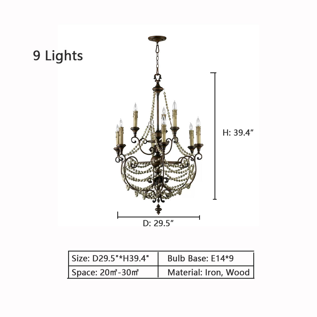 9Heads: D29.5"*H39.4"  boho, bohemia, rustic, country, village, distressed iron, wood, candle, chandelier, pendant, staircase, round dining table, living room, cafes, retro, antique, hing ceiling space