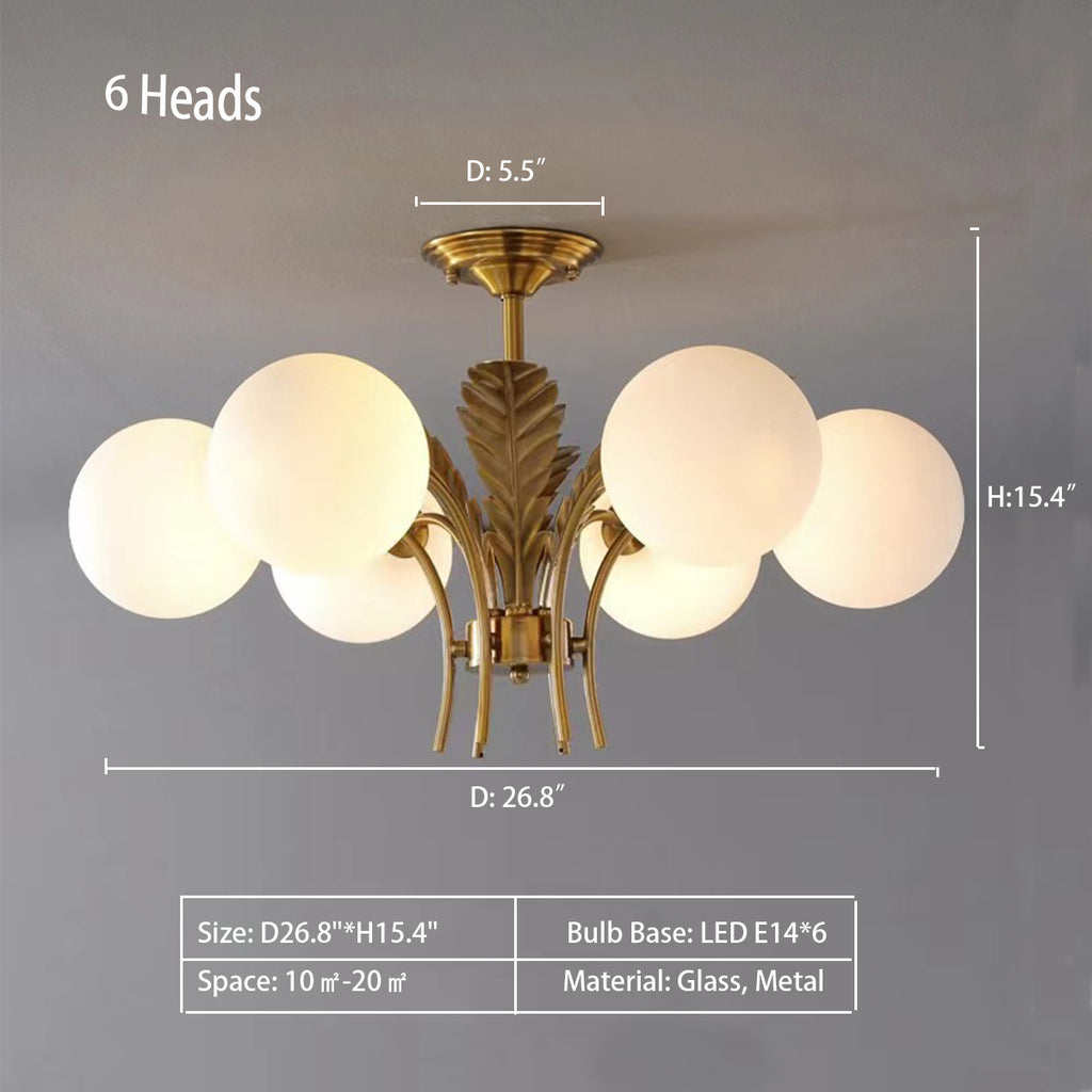 6Heads: D26.8"*H15.4"   KWOKING Modern Sputnik Chandelier 6 Lights Sphere Ceiling Light with Glass Globes Hanging Light with Leaf Decor - Cognac Finish    Jasmine Brass Feathers 6 Globes Chandelier, living room, bedroom, home office