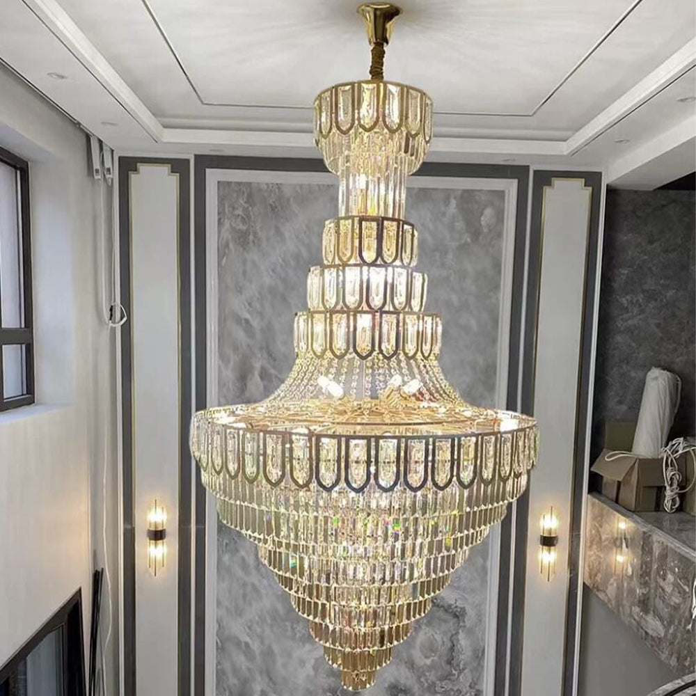 Oversized light luxury conical crystal chandelier for high-ceiling staircase/foyer/hallway/entryway,2-story/duplex buildings/hotel lobby/restaurant/coffee shop/bar/new build/new home/self build