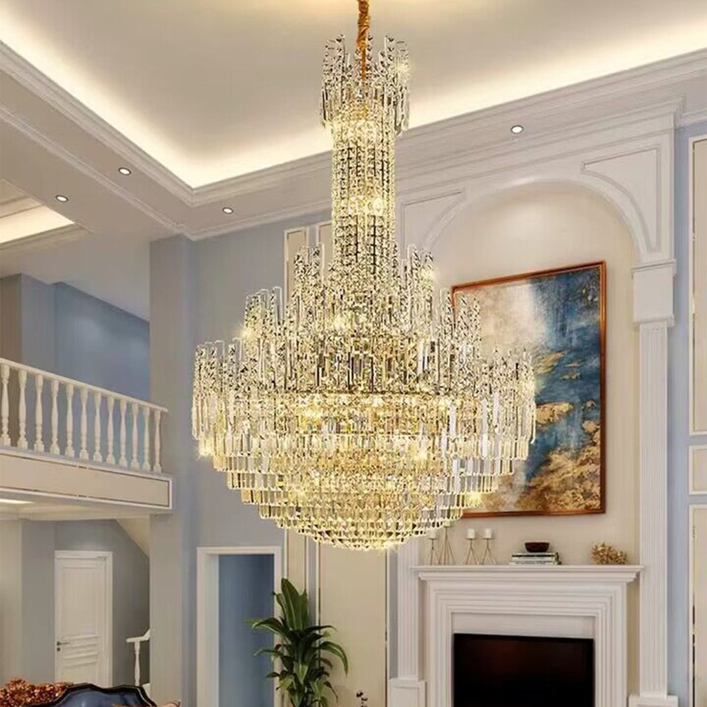 extra large/oversized gold/chrome crystal chandelier multi-tiered light round crystal light for 2-story/big house/villa/apartment foyer/high ceiling living room/staircase/ hallway/entryway/coffee shop/bar/big space/restaurant/hotel 