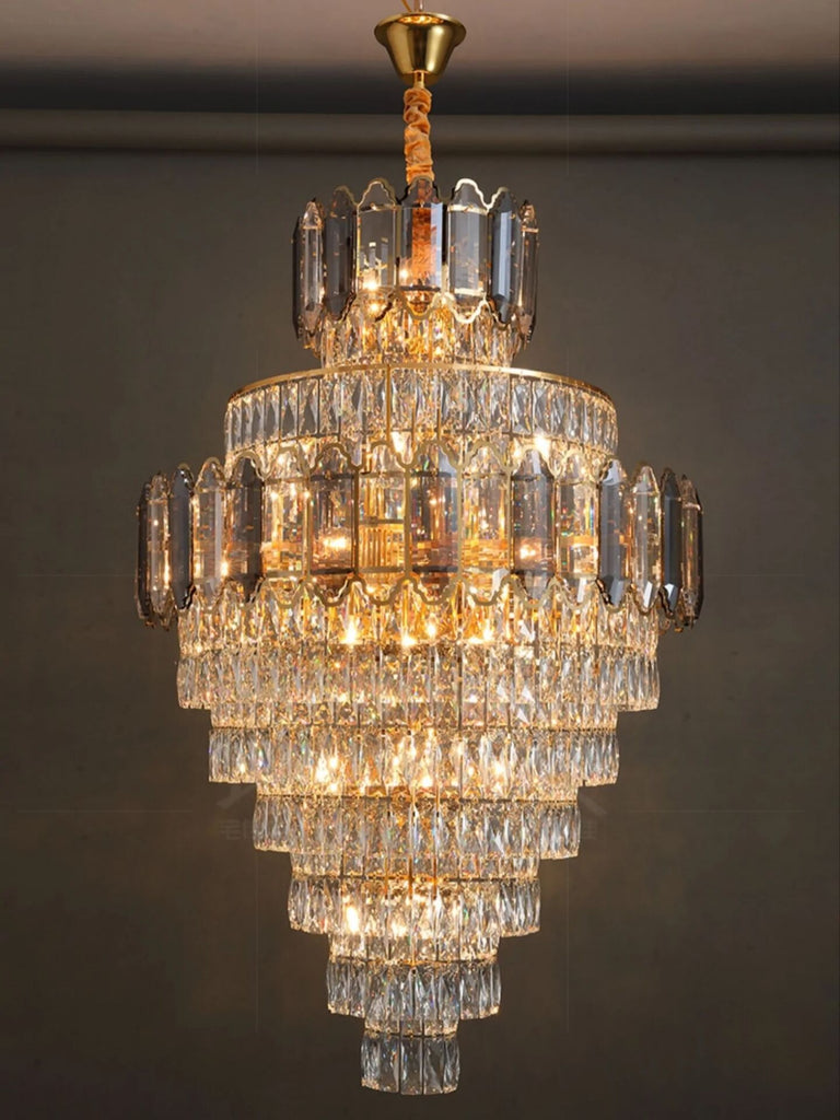 extra large crystal 2-story foryer / high ceiling living room / big hallway/ hotel entryway light fixture luxury modern stunning golden chandelier