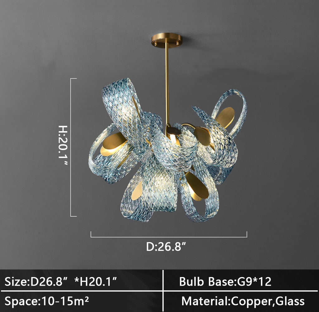D26.8inches*H20.1inches 12 Lights Extra large art blue chandelier copper light glass light for staircase/high-ceiling living room/foyer.2-story/loft/duplex buildings Flower Creative Bedside Pandant Chandelier Living Room Decor Background Wall Light Luxury Copper Bedroom Blue Glass Hanging Lamp