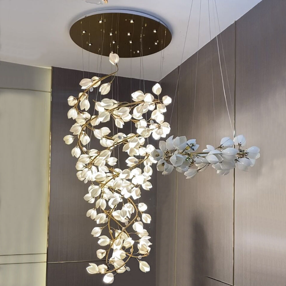 chandelier,chandeliers,ceiling,round,flush mount,extra large,oversize,large,long,huge,big,white,flower,foyer,stairs,entrys,living roo,hall way,high-ceiling room