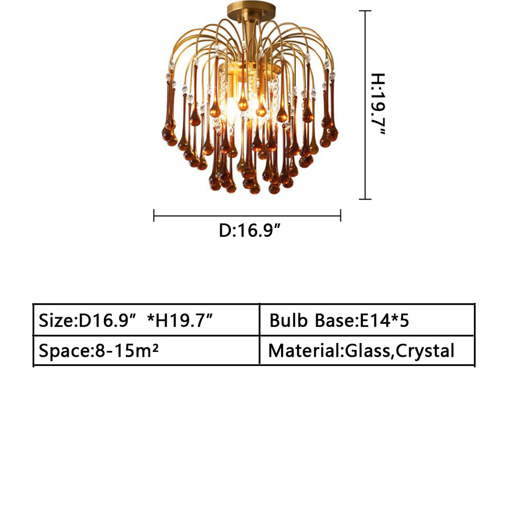 D16.9"*H19.7"  5LIGHTS American vintage brass teardrop glass crystal chandelier art branch light raindrop italian in Amber color finish copper light fixture for living room/dining room/bedroom/study/