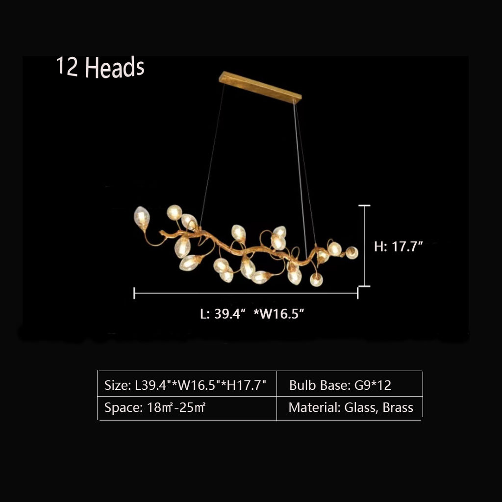 12Heads: L39.4"*W16.5"*H17.7"  oversized, extra large, long, clear seedy glass, branch, brass, pendant light, large dining room, kitchen island, bar, home office , dinosaur egg