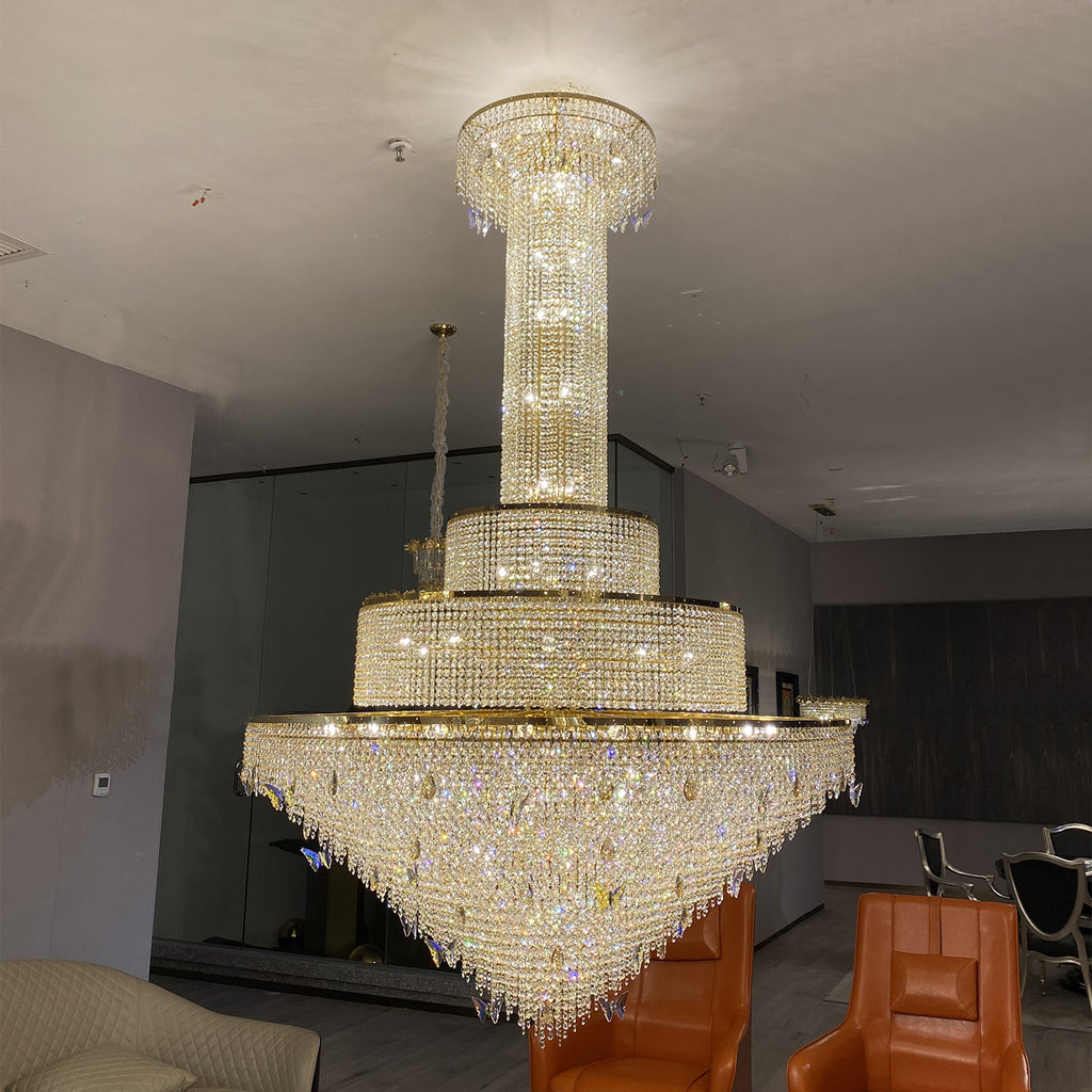 extra large/oversized/huge Modern Romantic Butterfly Crystal Chandelier Art Colorful Crystal Gold light fxiture for 2-story/duplex building foyer/staircase/foyer/hallway/entryway/living room