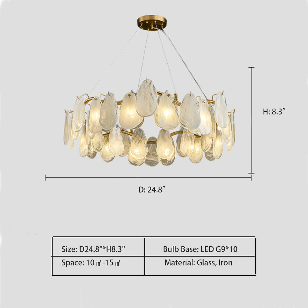 Round: D24.8"*H8.3"  Art Cloud Glass Shell Suspension Chandelier Suit for Living & Dining Room   Available in two versions of lampshades: white cloud and smoky gray. 
