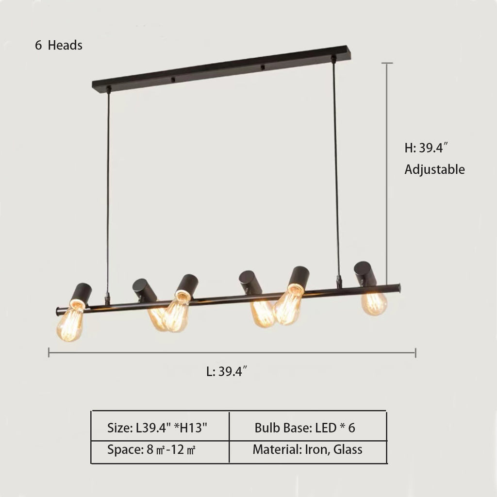 6Heads: L39.4"*H13"  Oversized Nordic Minimalist Linear Multi-Head Black Pendant Light for Dining Area