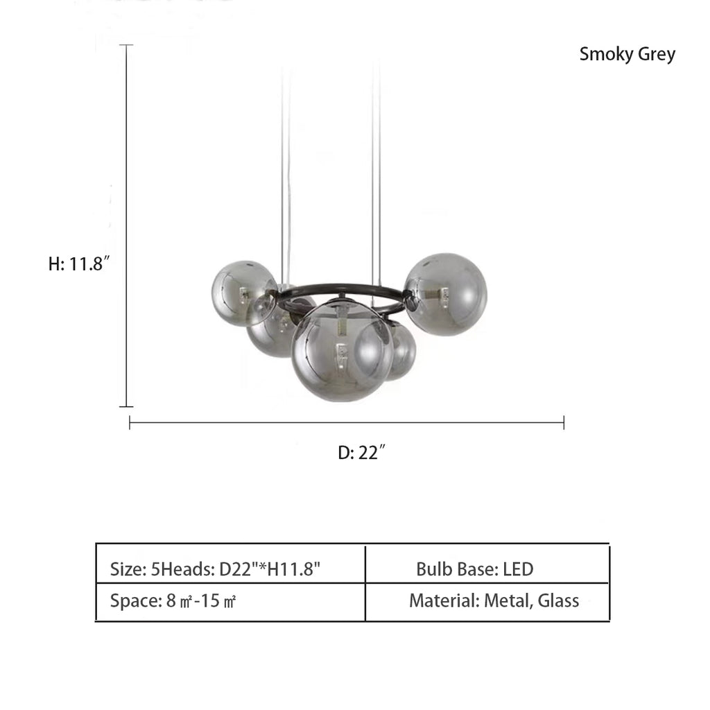 5Heads: D22"*H11.8"  Nordic Minimalist Multi-Head Transparent Glass Sphere Pendant Chandelier for Living/Dining Room   somky grey, cream white and clear glass  Puppet Ring Pendant by Romani Saccani Architetti Associati for Vistosi