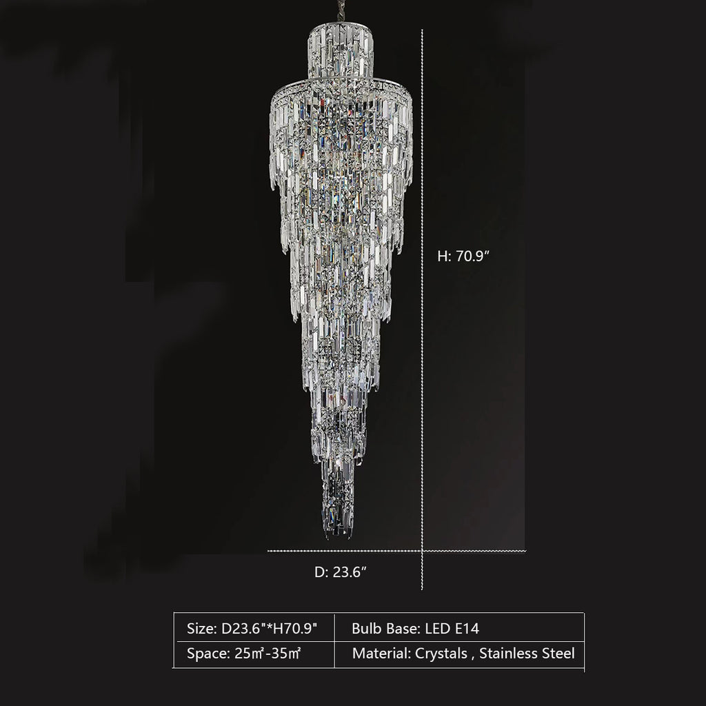 D23.6"*H70.9"  extra large, oversized, extra long, tiered, crystal, chandelier, chrome, finish, high ceiling space,  staircase, large living room, big hallway, hotel lobby, villas, duplex, or any high ceiling space