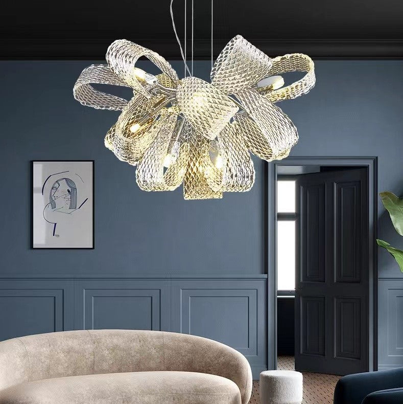 flower, bouquet, water ripple glass, stainless steel, art, pendant, chrome, creative, unique, nordic, living room, dining room, bedroom, kitchen island  CRYSTAL LUXURY GOLDEN RIBBON CHANDELIER  Modern Round Glass Chandelier