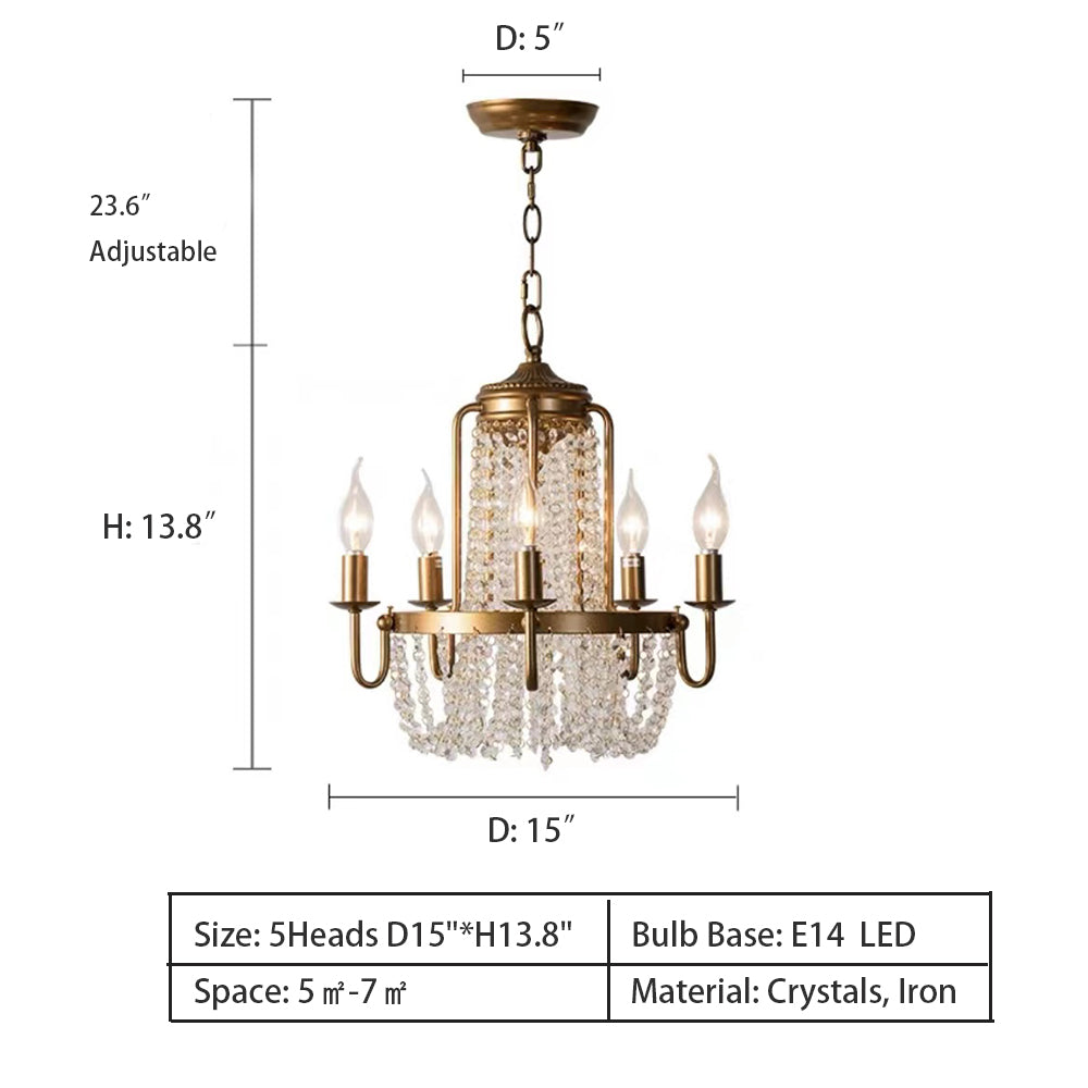 5Heads: D15"*H13.8"   Vintage Crystal Candle Chandelier in Old Gold Finish for Living/Dining Room/Bedroom  European Candle Brass Light Luxury Art Crystal Chandelier Traditional Retro Decorative 6/8/12 Lights For Dining Room/Living Room/Foyer