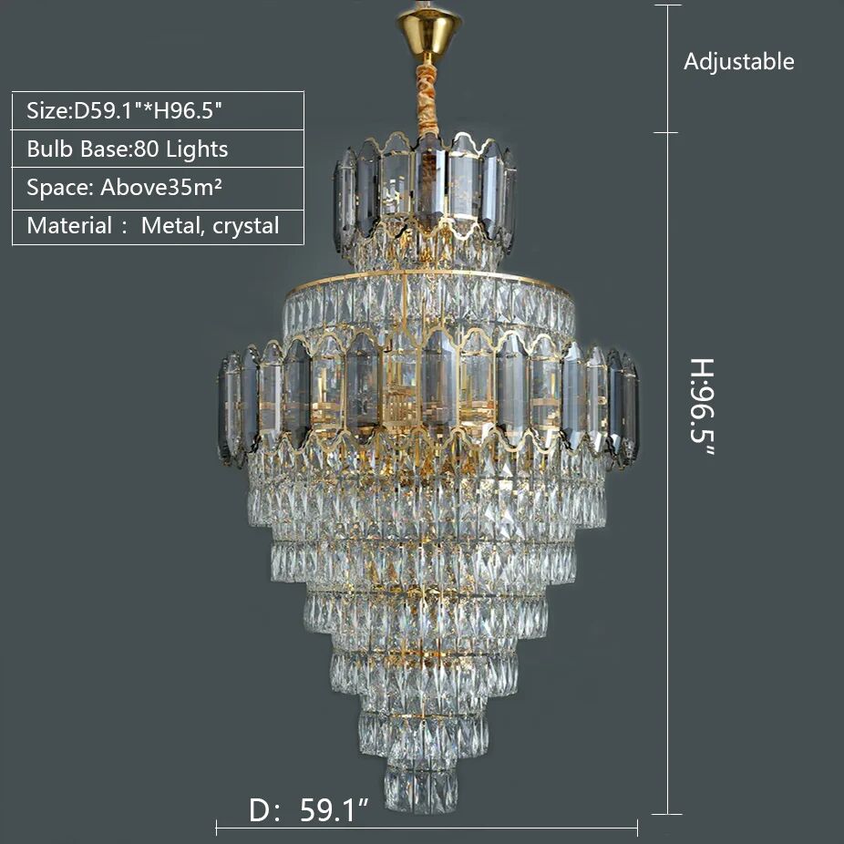 D59.1"*H96.5"/ 80 Lights extra large crystal 2-story foryer / high ceiling living room / big hallway/ hotel entryway light fixture luxury modern stunning golden chandelier