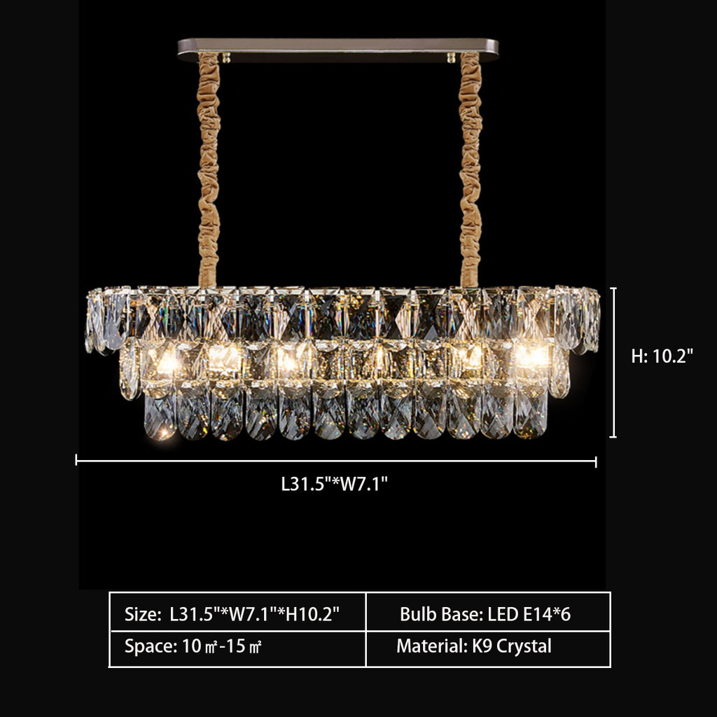 6Heads: L31.5"*W7.1"*H10.2"   Extra Large Light Luxury Tiered Crystal Rectangle Chandelier for Dining Area  long dining table,  kitchen island,