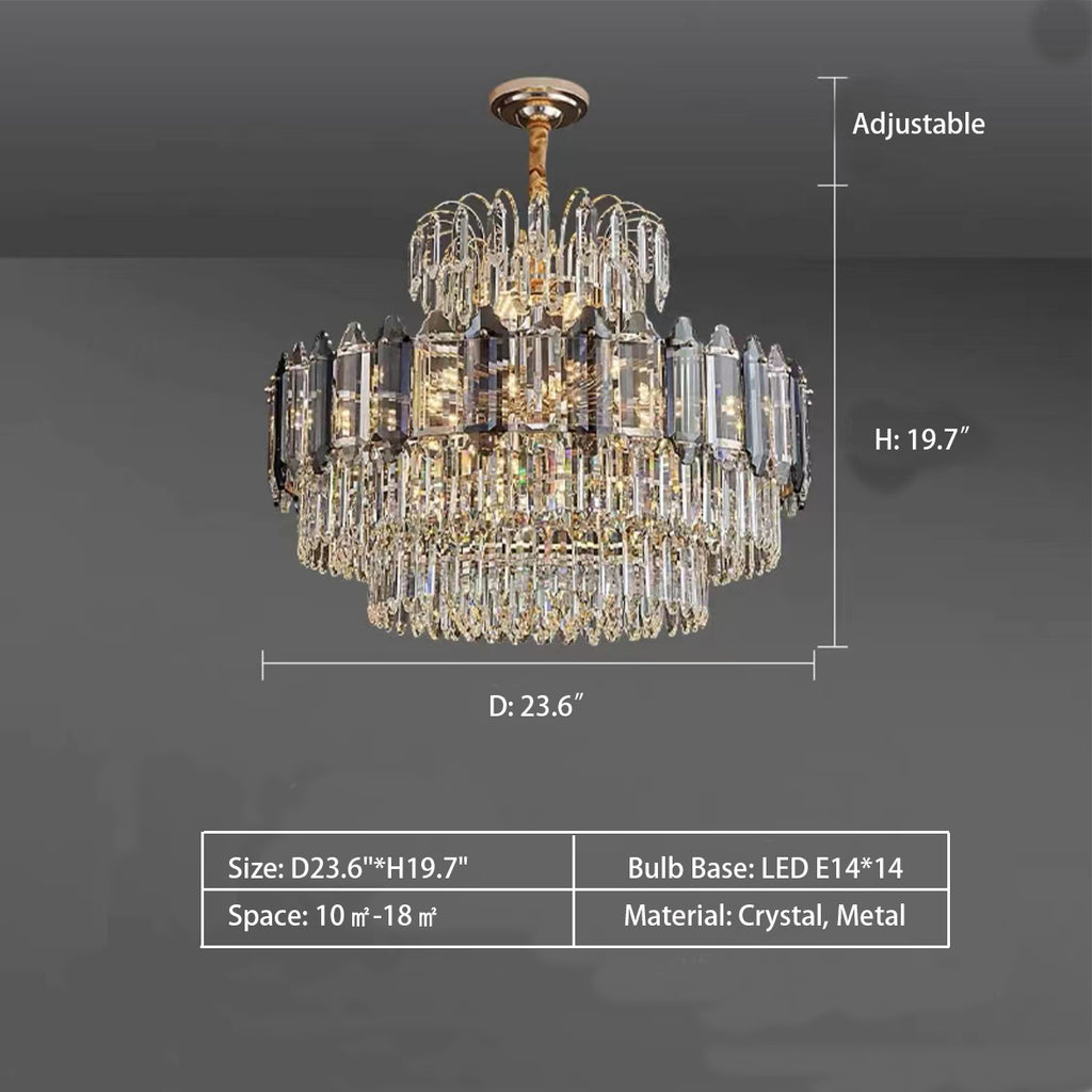 Round: D23.6"*H19.7"  Light Luxury Smoky Gray Tiered Crystal Chandelier Suit for Living/ Dining Room/ Bedroom  Metal