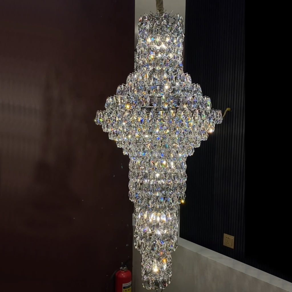 Modern silver crystal chandelier multi-layers extra large/oversized classic/traditional light fixture for 2-story/duplex buildings stairs/foyer/entryway/hallway