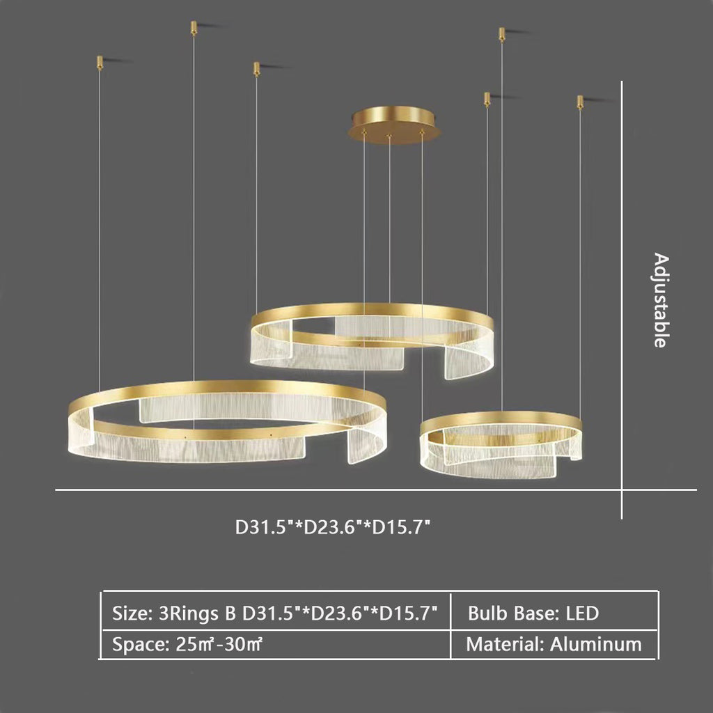 3Rings B: D31.5" D23.6" D15.7"  gold, ring, pendant, light luxury, modern, aluminum, acrylic, round, tiered, living room, dining room, bedroom