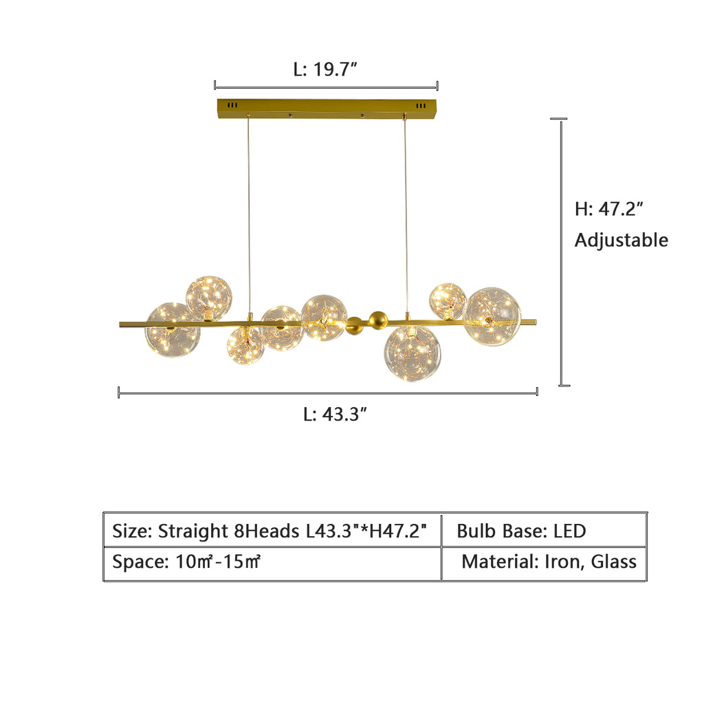 Straight: 8Heads L43.3"*H47.2"   art, star, gypsophila, baby's nreath, glass, gold, black, pendant lighjt, dining room, kitchen island, bar, shraight, arch, sphere, globe