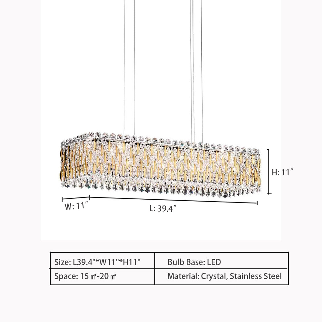 L39.4"*W11"*H11"  light luxury, rectangle, crystal, pendant, chandelier, dining room, kitchen island, bar Schonbek Sarella 13 - Light Chandelier