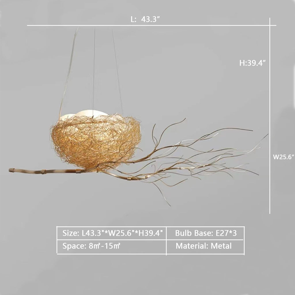 Nest on a Branch: L43.3"*W25.6"*H39.4"  hand-woven, creative, art, artistic, bird's nest, gold, pendant, natural, chandelier, living room, dining table, coffee table, bedroom, cafes, bar