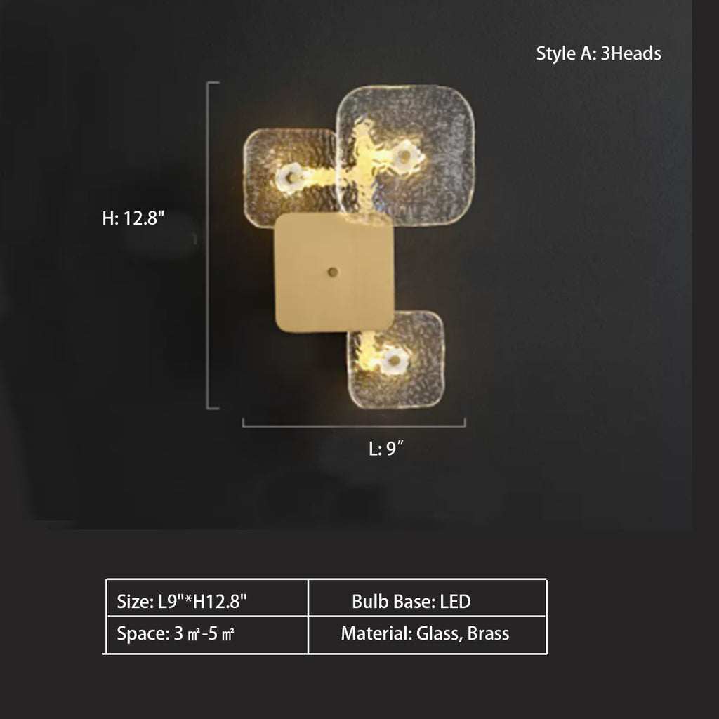 Style A: 3Heads L9"*H12.8"  Exquisite Glass Square Collection Wall Light in Brass Finish for Bedside/Living Room   Glass, Brass