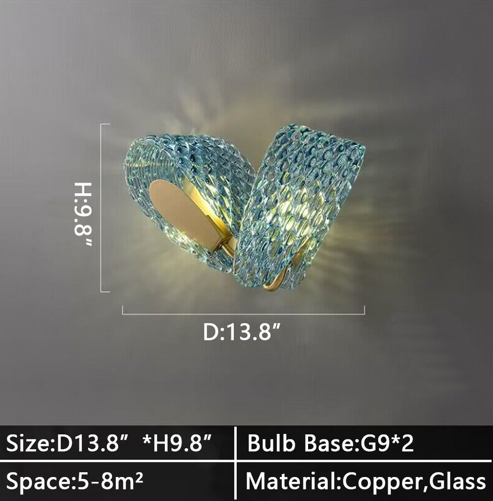 D13.8"*H9.8" Small 2Lights Modern Art Creative Blue Flower Glass Wall Sconce Decorative Copper Bedside Wall Lamp Flower Creative Bedside Pandant Chandelier Living Room Decor Background Wall Light Luxury Copper Bedroom Blue Glass Hanging Lamp