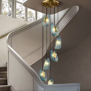 Extra long 7/10/13 lights art blue chandelier copper light glass light for staircase/high-ceiling living room/foyer.2-story/loft/duplex buildings Flower Creative Bedside Pandant Chandelier Living Room Decor Background Wall Light Luxury Copper Bedroom Blue Glass Hanging Lamp