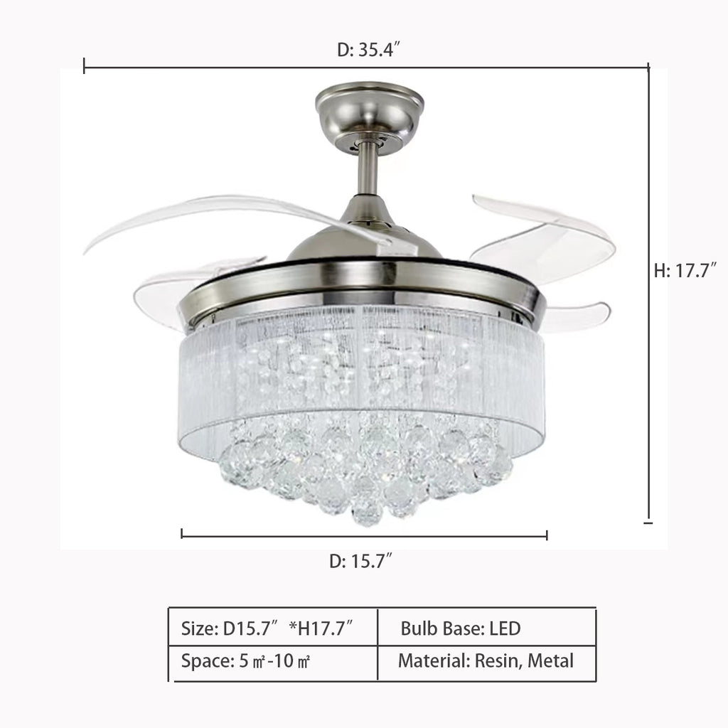 D15.7"*H17.7"   Creative Invisible Fan Blade Crystal Pendant Chandelier for Bedroom/Living Room   resin, three-speed,  Whisper-quiet motor quietly