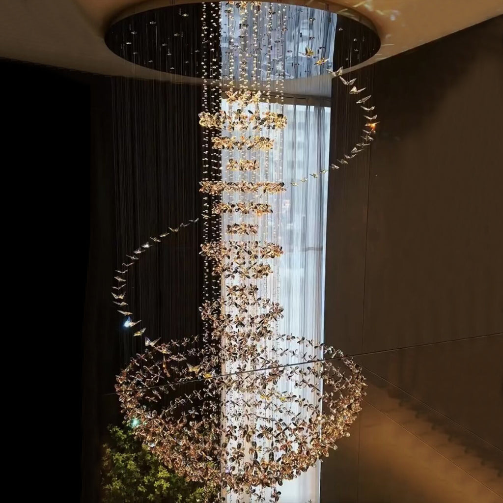 Modern ceiling crystal chandelier gold flower branch spiral  Round tiered for big,high-ceiling hallway/entryway/foyer/living room