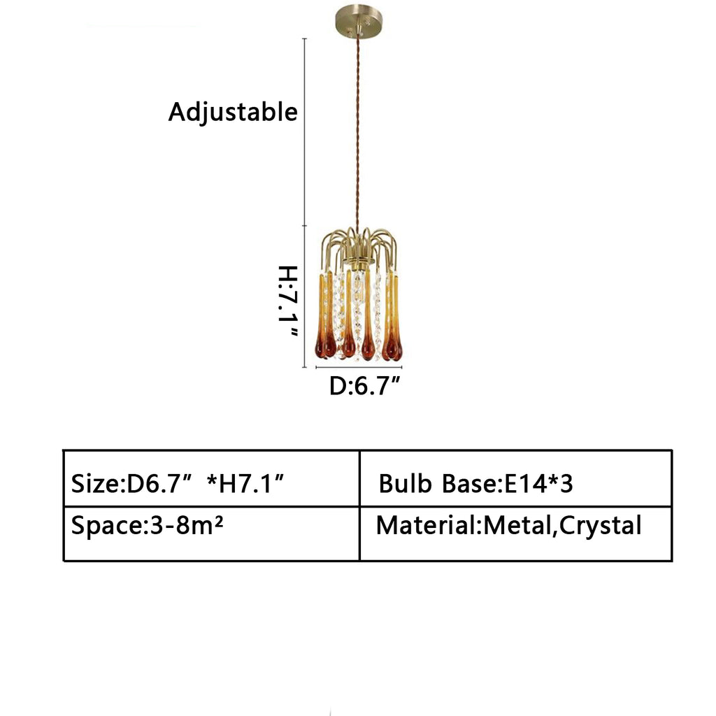D6.7"*H7.1" 3lIGHTS Vintage teardrop crystal chandelier branch entryway light fixture amber color pendant light for bedside/study brass and glass light fixture