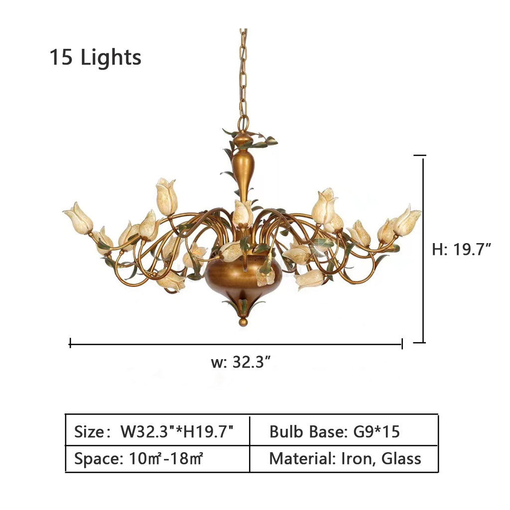 15Lights: W32.3"*H19.7"  vintage, antique, wrought iron, tulip flower, chandelier, pendant,  bedroom, girl's room, femal