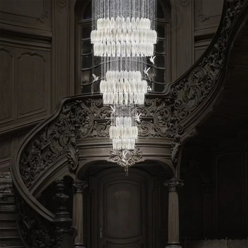 sagarti, white, tiered, ceramic, tulip, bird, pendant, bedroom, living room, staircase, villa