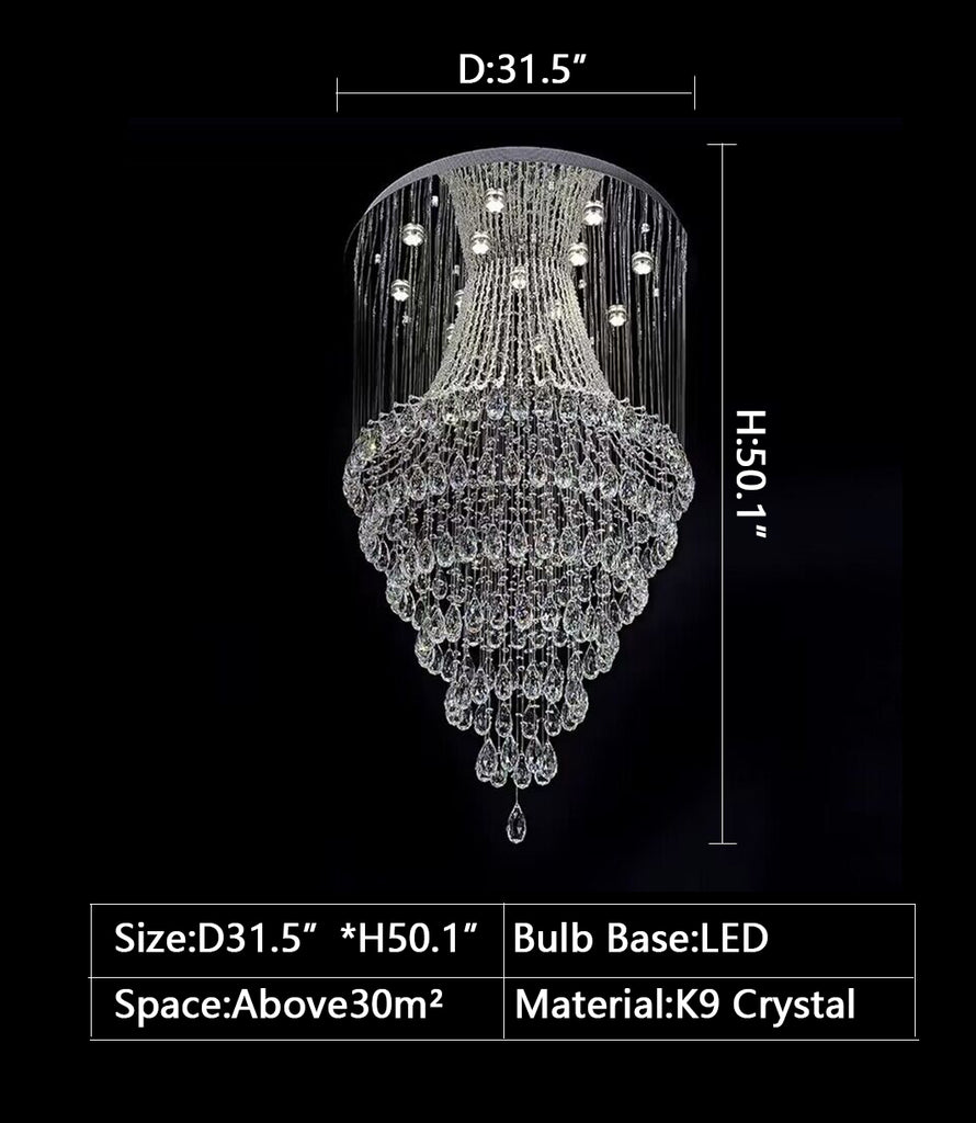 D 31.5"*H 59.1" luxury, large, crystal, modern, flush mount, chandelier, staircase, villa, loft, hotel lobby, big hallway