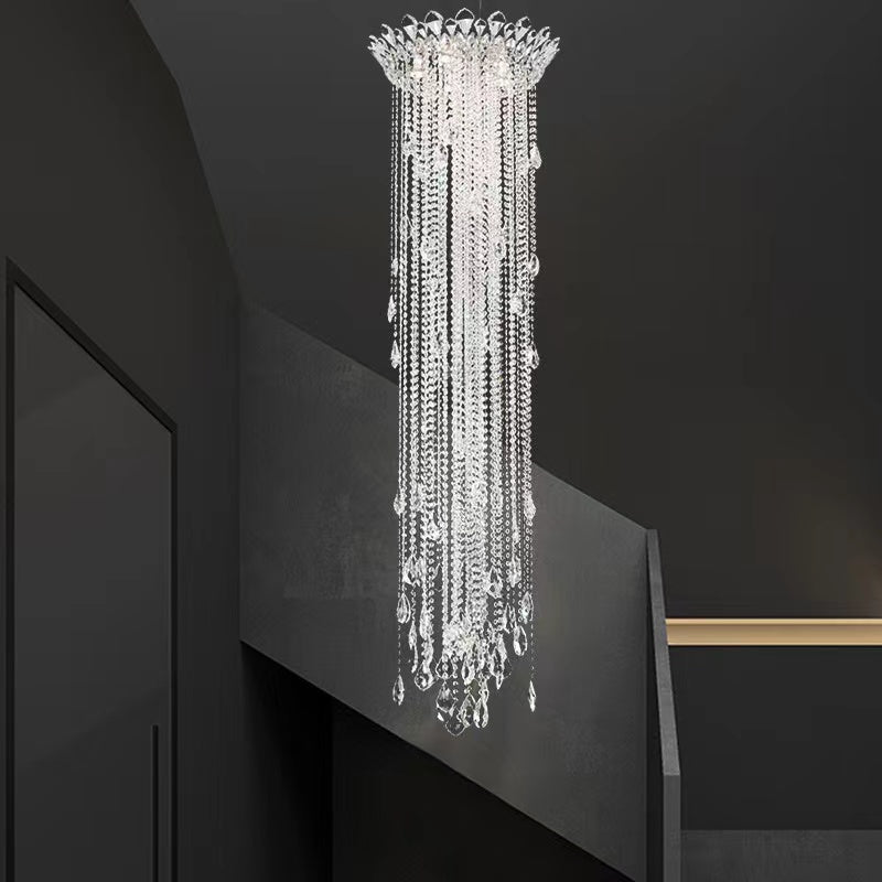 light luxury,  tassel, crystal, pendant,  indoor, chandelier,  staircase,   high- ceiling,  lobby, hallway, loft,  duplex