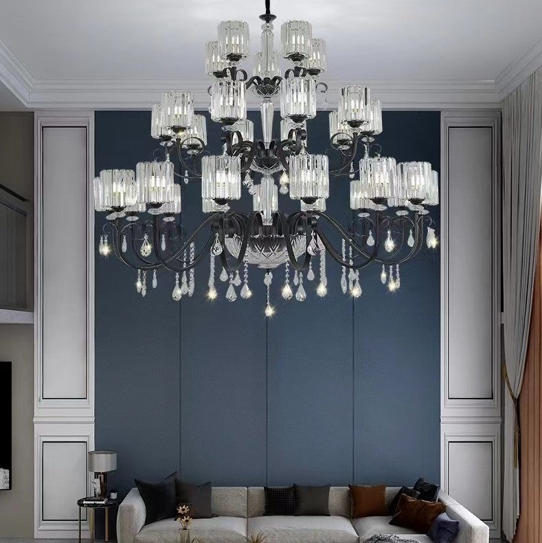 electronic candle, industrial, vintage, pendant, staircase, black, gold, high ceiling   Fine Art Lamps Eaton Place Twelve-Light Two-Tier Chandelier with Channel-Set Crystal Diffusers and Crystal Accents Model:584740ST from the Eaton Place Collection