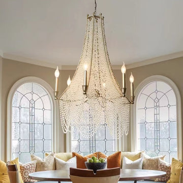 boho, antique, crystal beaded, pendant, chandelier, candle, high-ceiling room, iron