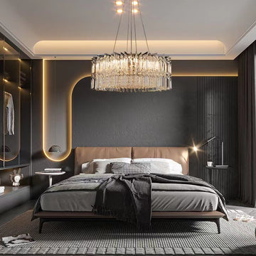 light luxury, modern, round, rectangle, crystal, stainless steel, drum, pendant, chandelier, dining table, bedroom, living room