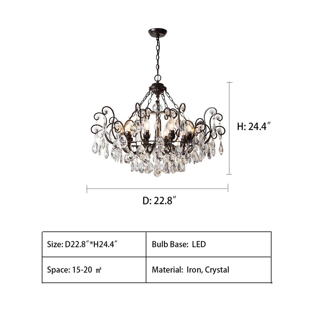 6Heads: D22.8"*H24.4"  rustic, retro, iron, crystal, electronic candle, pendant, living room, dining room, bedroom