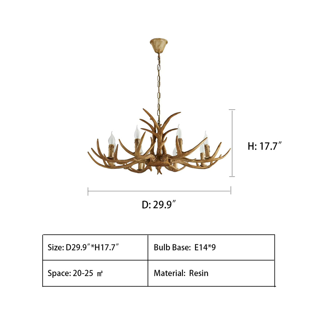 1Layer: 9Heads D29.9"*H17.7"  antler, retro, antique, vintage, rustic, resin, pendant, chandelier, living room, dining room, cafe, bar, restaurant