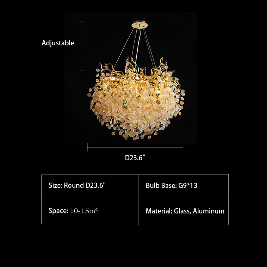 Round: D23.6"  chandelier, glass, aluminum, glod, post-modern, light luxury, Italian, floral, branch, living room, dining room, bedroom