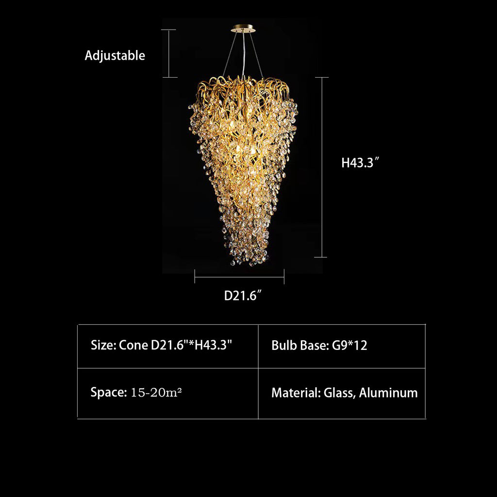 Cone: D21.6"*H43.3"  chandelier, glass, aluminum, glod, post-modern, light luxury, Italian, floral, branch, living room, dining room, bedroom