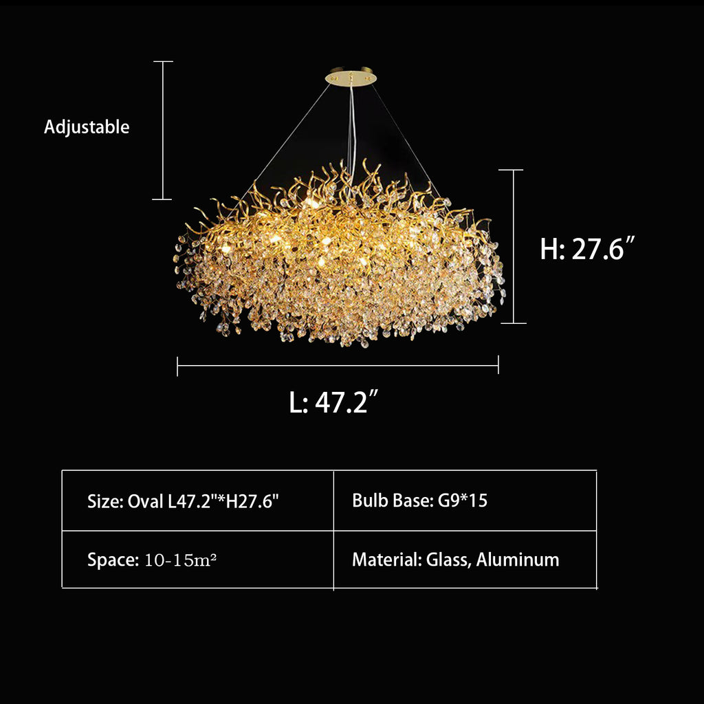 Oval: L47.2"*H27.6"  chandelier, glass, aluminum, glod, post-modern, light luxury, Italian, floral, branch, living room, dining room, bedroom