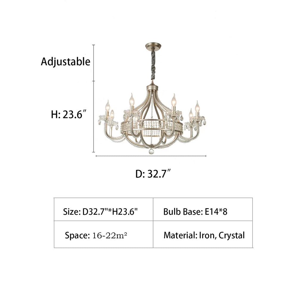 8Heads: D32.7"*H23.6"  retro, vintage, silver, candle, crystal, iron, high-ceiling, living room, dining room, staircase