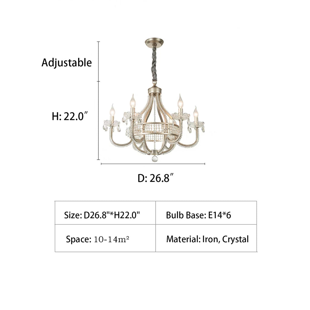 6Heads: D26.8"*H22.0" retro, vintage, silver, candle, crystal, iron, high-ceiling, living room, dining room, staircase