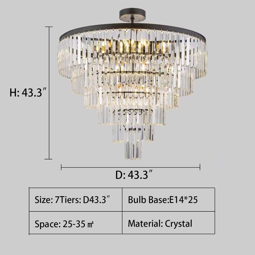 7Tiers: D43.3"  round, gold, black, tiered, cake, chandelier, crystal, pendant, living room, bedroom, 