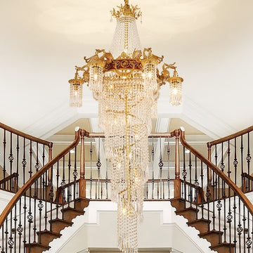 extra large, oversized, long, cascade spiral, crystal, brass, gold swans, Fibonacci Spiral, stair case, hotel lobby, big hallway, foyer, high-ceiling 