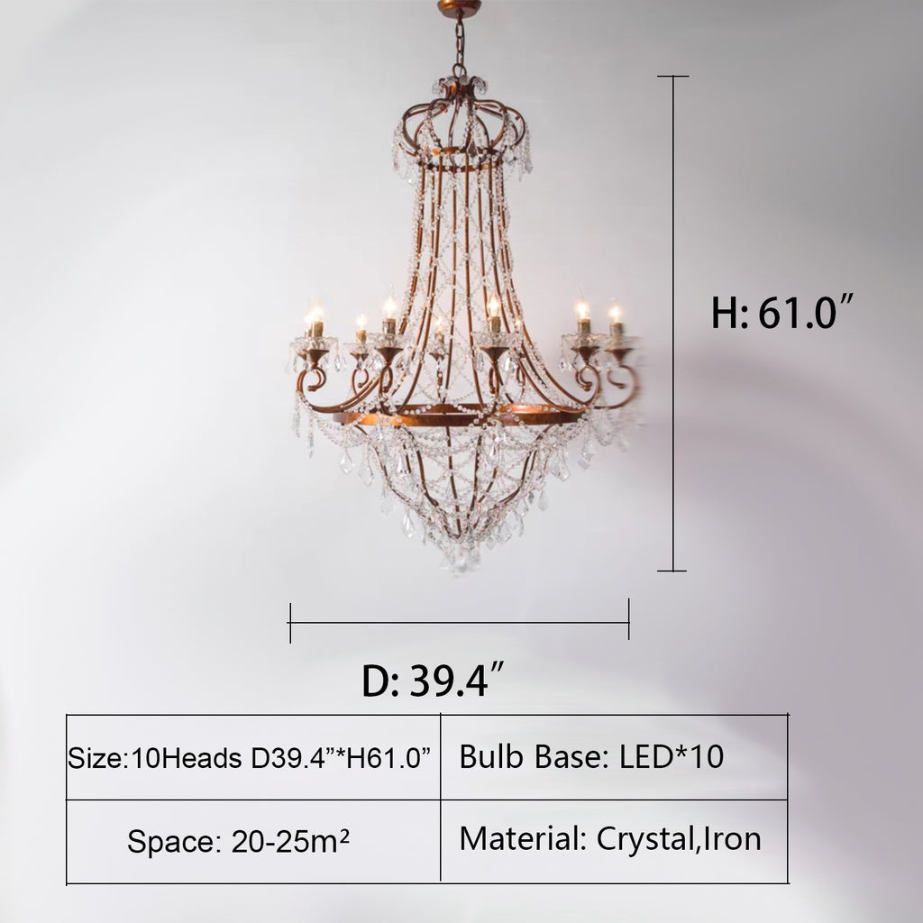 10Heads: D39.4"*H61"  coral, candle, retro, vintage, antique, oversized, extra large, for high-ceiling room, crystal, iron, staircase, villa, cafes